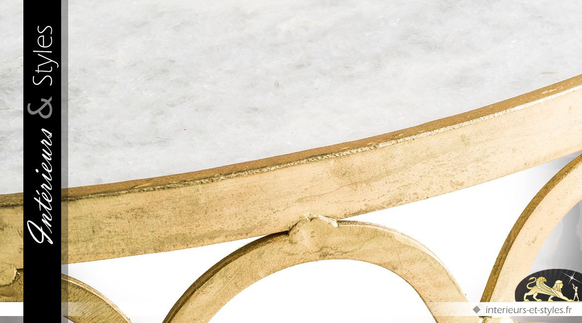Table basse circulaire en métal doré et marbre style Art Déco Ø 91 cm