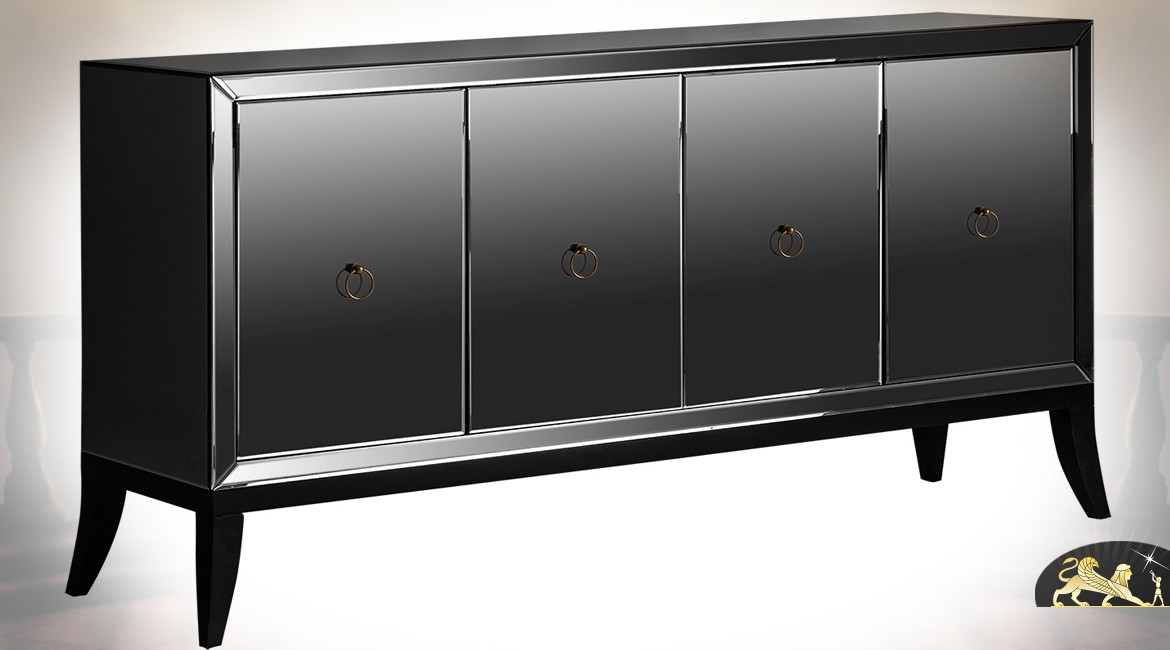Buffet design Art Déco noir brillant en miroir et bois de pin laqué à 4 portes 180 cm