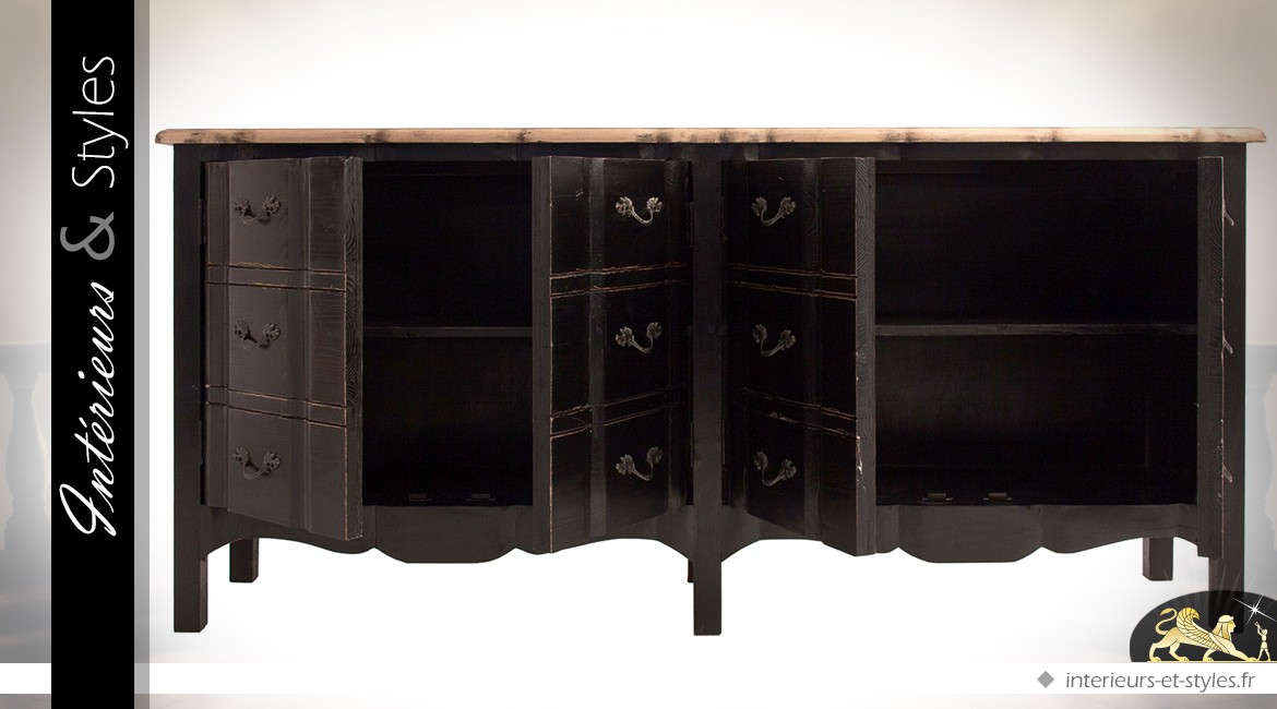 Buffet de style baroque à double façade en arbalète patine noire et bois naturel 198 cm