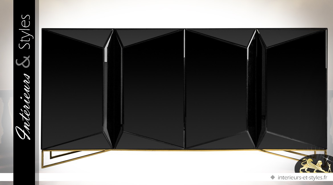 Enfilade design à 4 portes coloris noir et or en bois, métal et verre 181 cm
