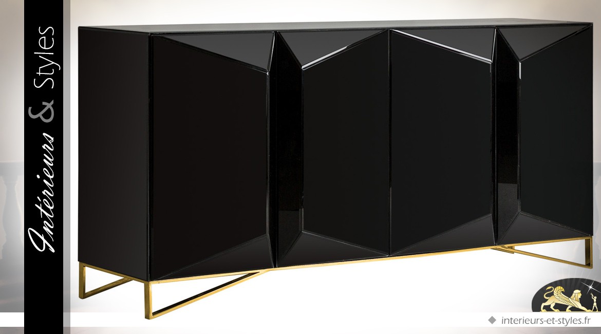 Enfilade design à 4 portes coloris noir et or en bois, métal et verre 181 cm
