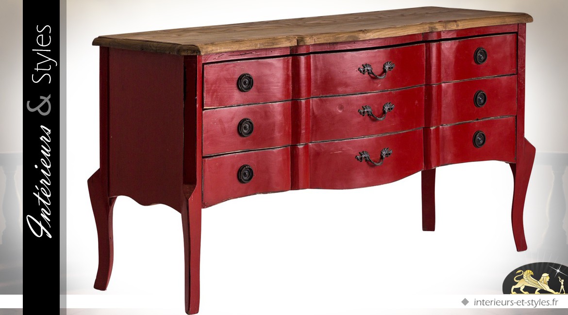Commode rouge et bois naturel de style meuble provençal à trois tiroirs 140 cm