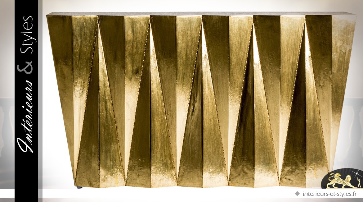 Console design style Art Déco en bois et laiton doré brillant vieilli 135 cm