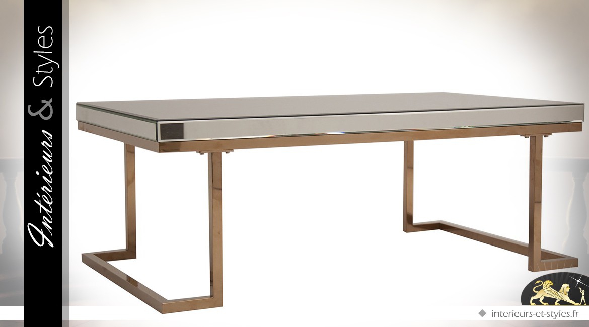 Table basse design Art Déco en miroirs biseautés et métal doré mat 120 cm