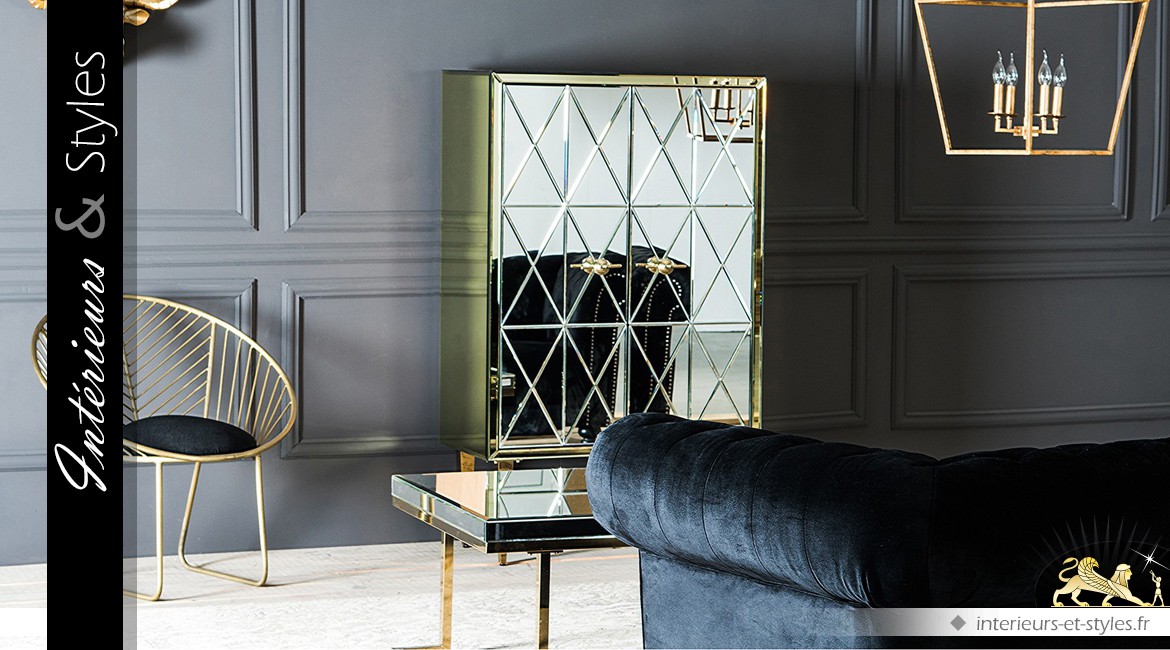 Table basse design Art Déco en miroirs biseautés et métal doré mat 120 cm