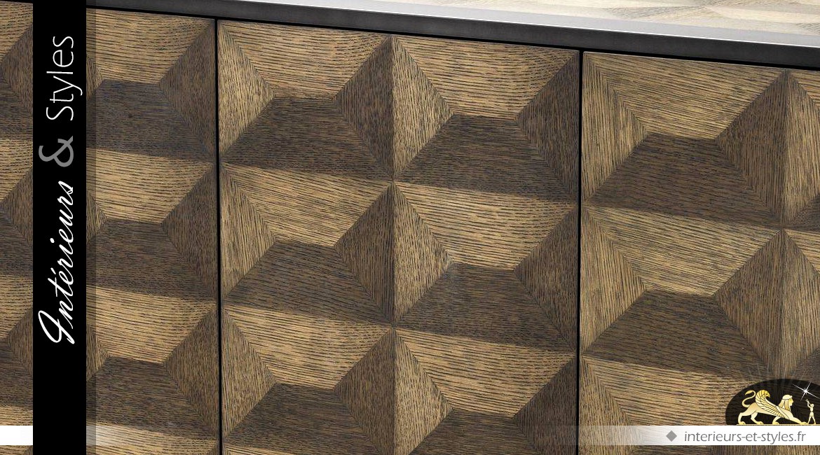 Commode/buffet en marqueterie de chêne avec motifs géométriques effet 3D 181 cm