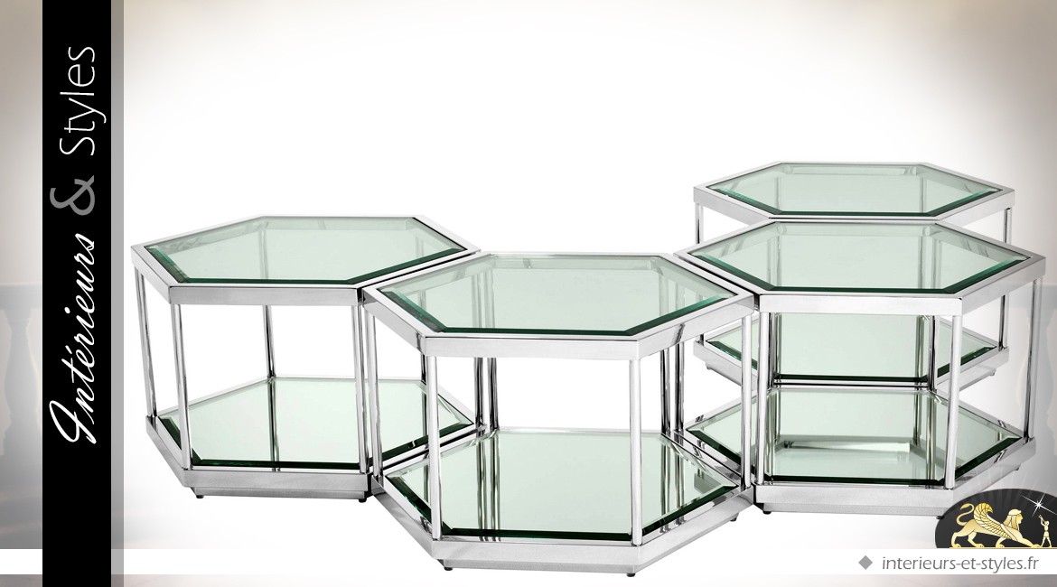 Composition de 4 tables basses hexagonales argentées de style design
