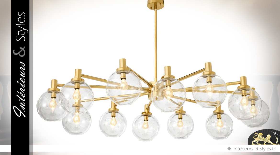 Suspension design dorée avec couronne 12 sphères en verre 105 cm