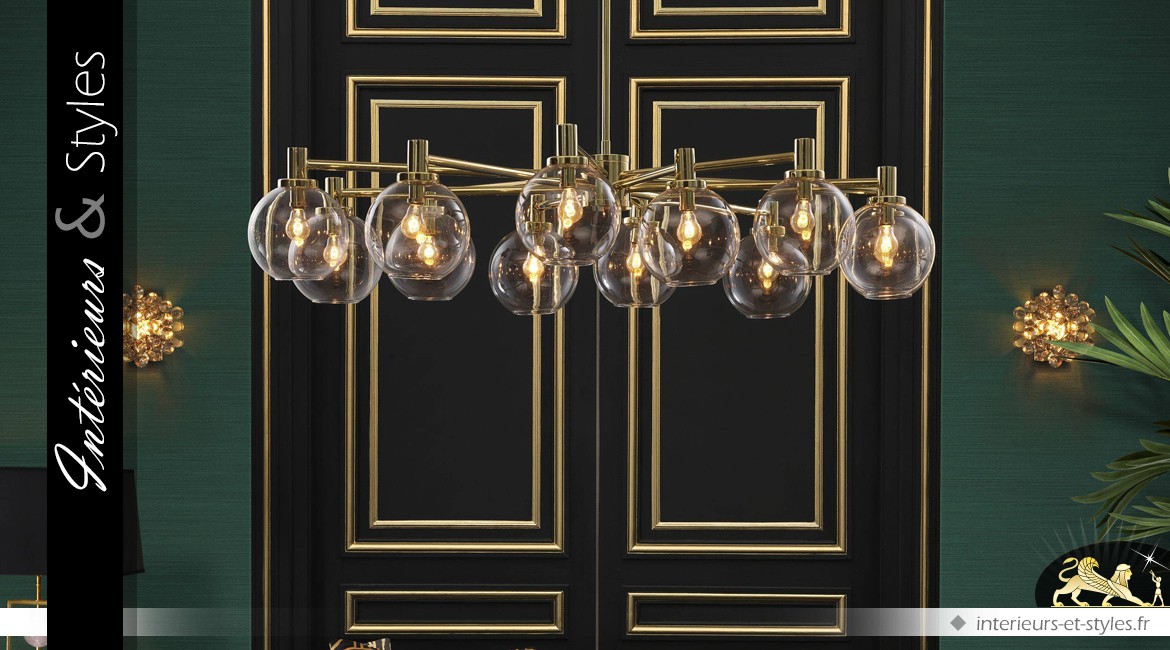 Suspension design dorée avec couronne 12 sphères en verre 105 cm