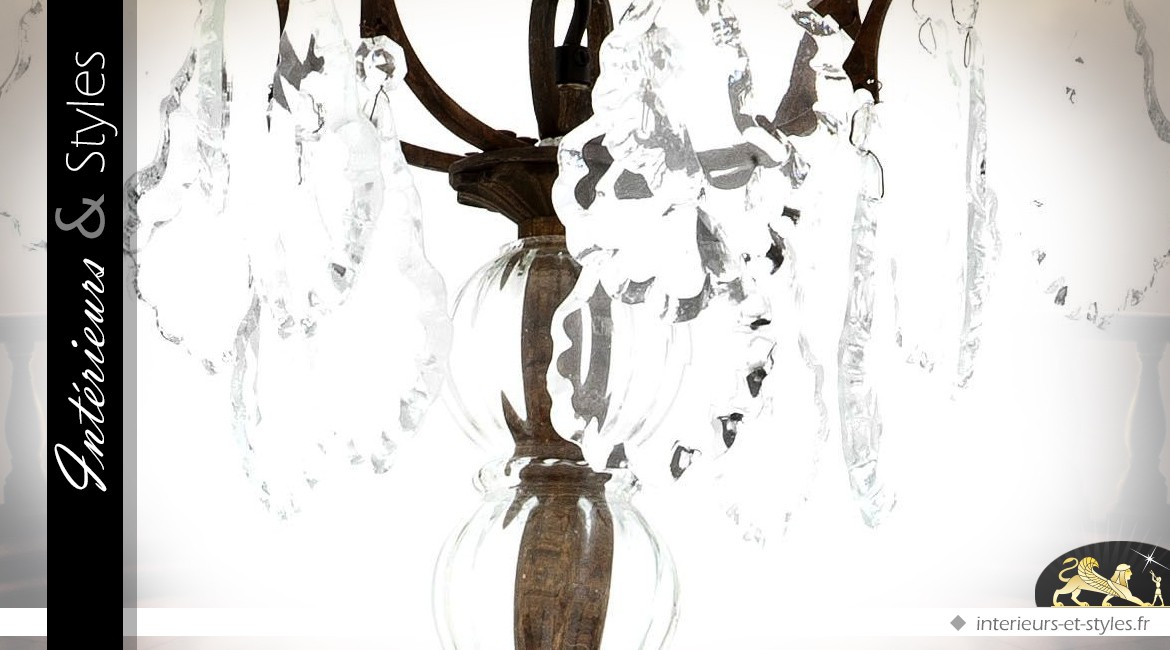 Lustre baroque finition bronze brun à pampilles verre cristallin 18 feux
