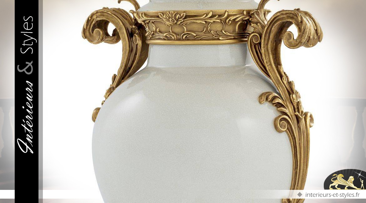 Lampe céramique émaillée et craquelée garnitures laiton doré sculpté 101 cm