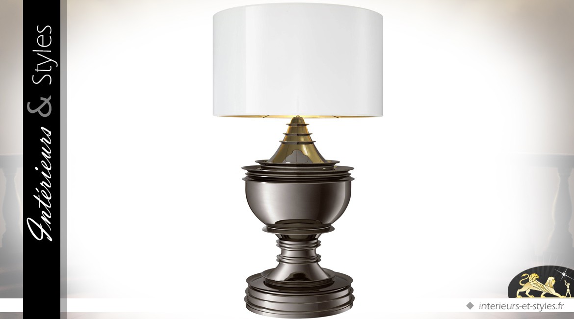 Trés grande lampe de salon platine et blanc brillant 120 cm