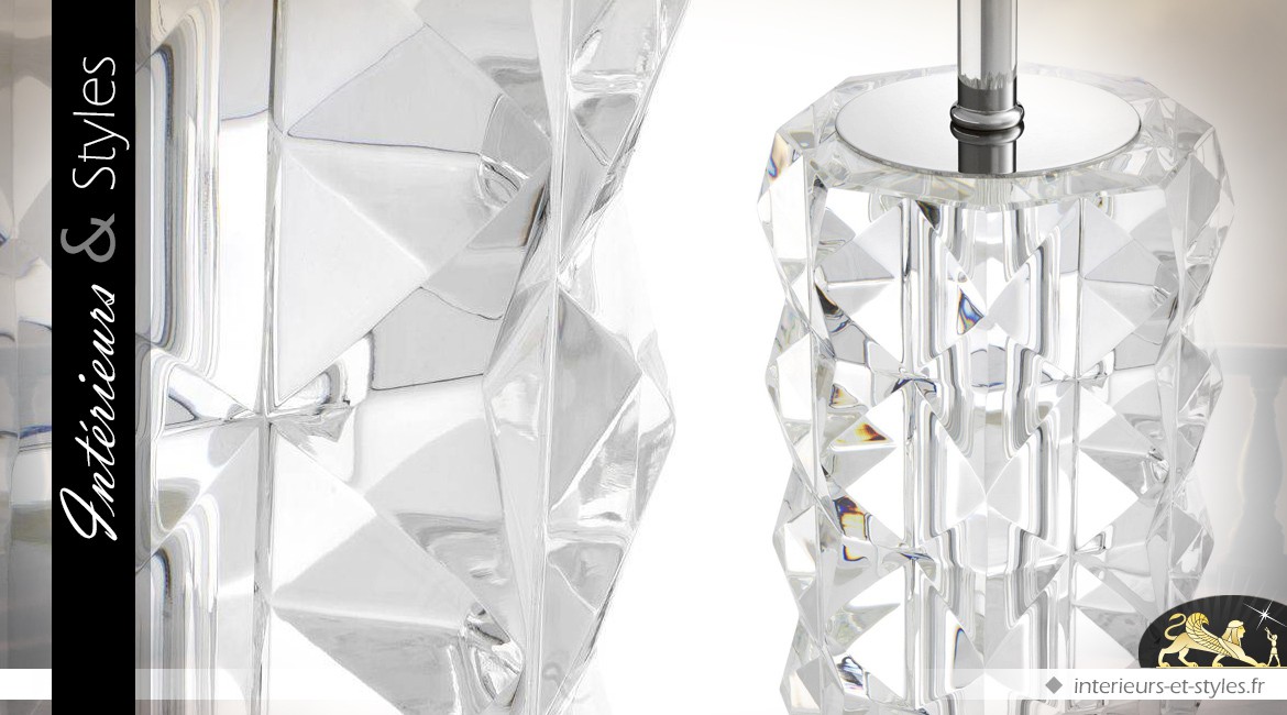 Lampe chic en cristal multifacettes et nickel argenté avec abat-jour cylindrique 75 cm
