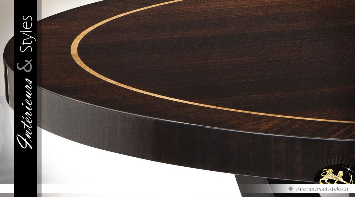 Luxueuse table ronde acajou finition eucalyptus fumé brillant Ø 150 cm