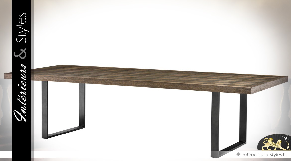 Grande table 300 cm marqueterie chêne fumé effet 3D plateau épais 6 cm