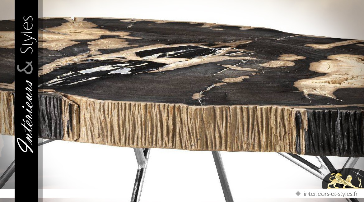 Table basse ovale en bois pétrifié sur structure en acier inoxydable 120 cm