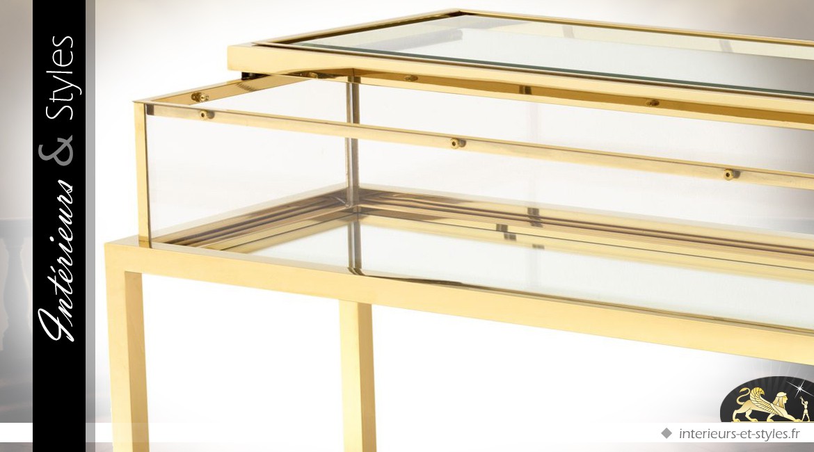 Console design doré brillant avec vitrine d'exposition à plateau coulissant 160 cm