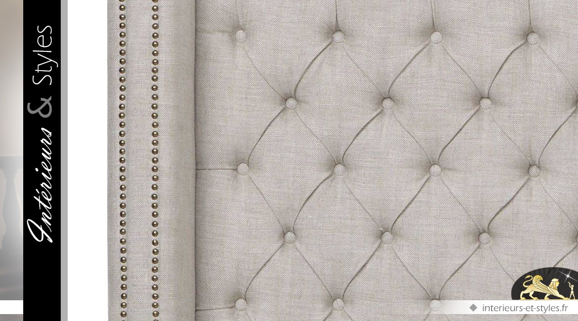 Tête de lit capitonnée en lin Oxford naturel gris en 200 cm avec retours