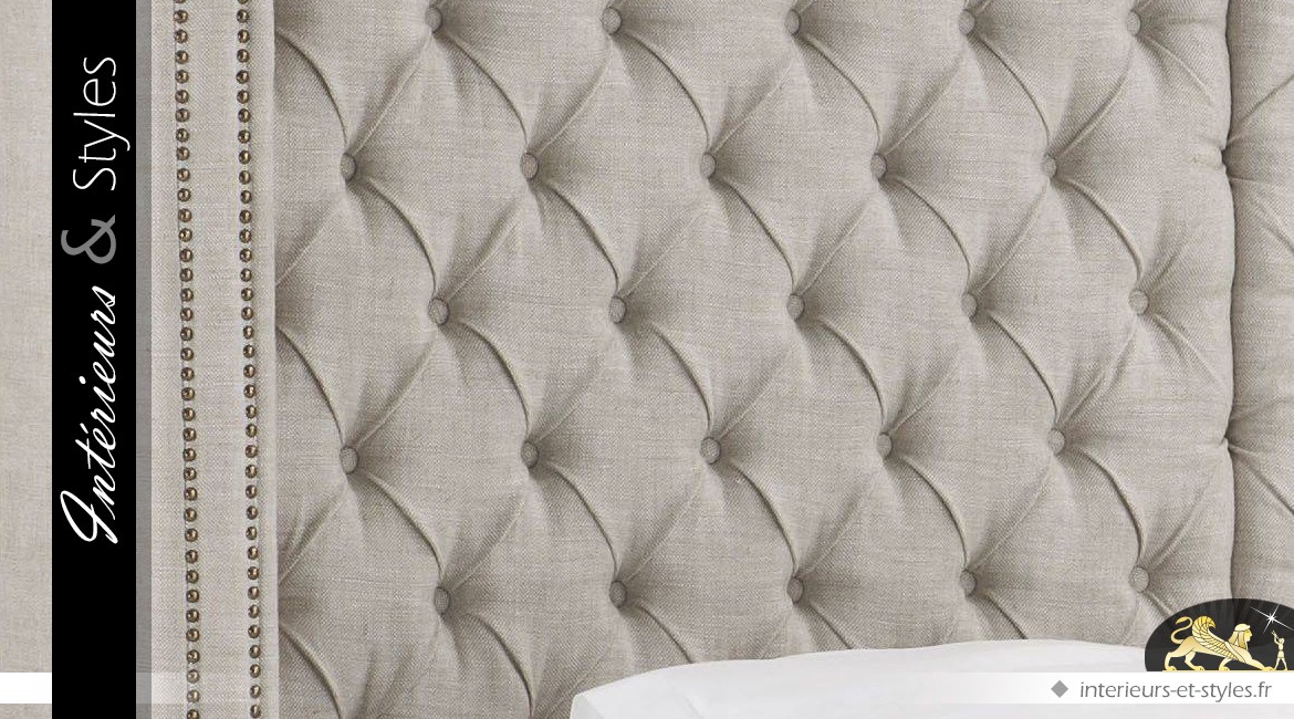 Tête de lit capitonnée en lin Oxford naturel gris en 200 cm avec retours