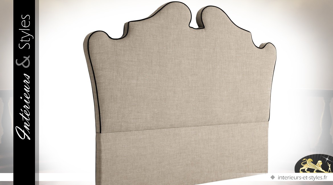 Tête de lit Boudoir en lin gris 100 % naturel avec passepoil noir 200 cm