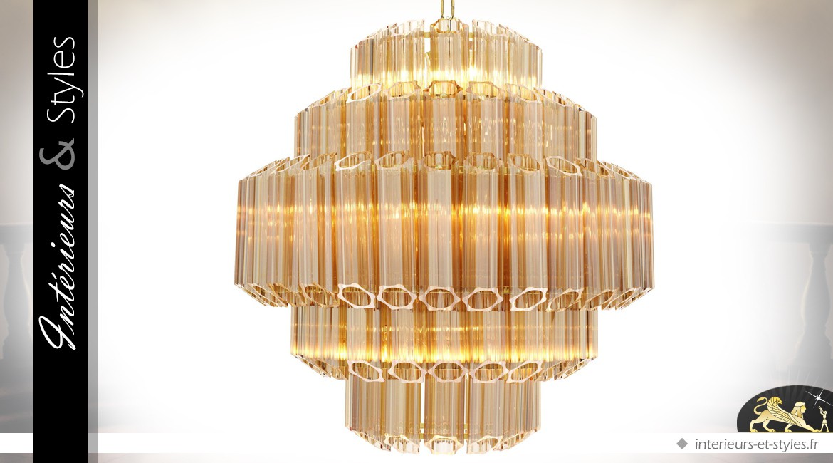 Lustre Art Déco ambre dorée en tubes de verre biseautés sur 5 niveaux Ø 66 cm