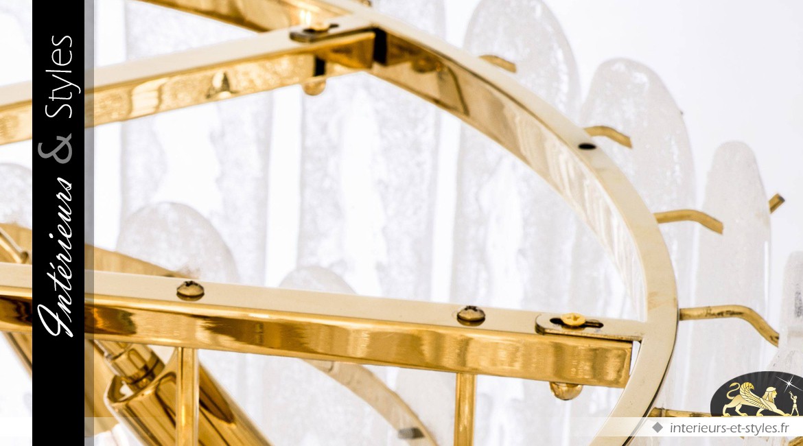 Grand lustre doré couronnes concentriques pampilles dépolies Ø 85 cm