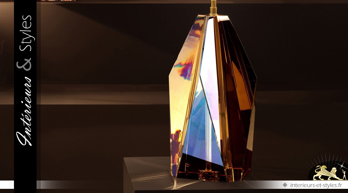 Lampe saphir jaune ambré en cristal avec abat-jour cylindrique noir Ø 43 cm