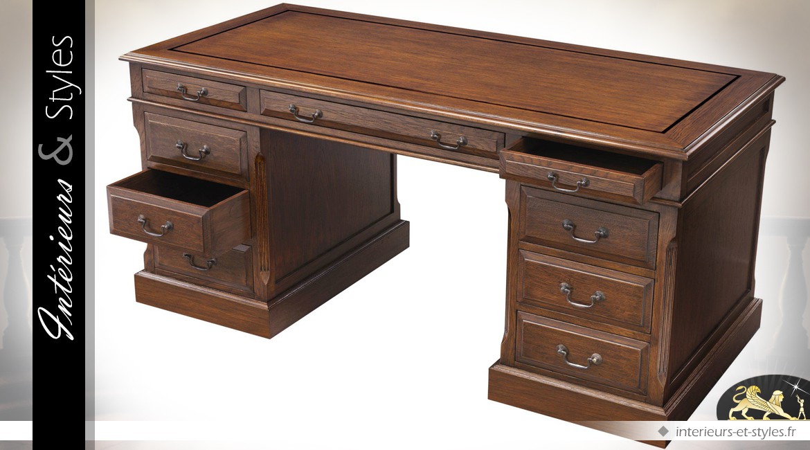 Grand bureau style anglais chêne ancien brun antiquaire 170 cm