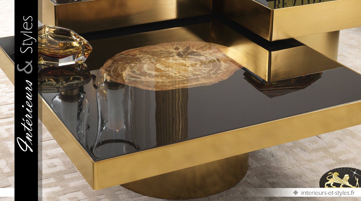 Table basse carrée design dorée et noire avec bois pétrifié 100 x 100 cm