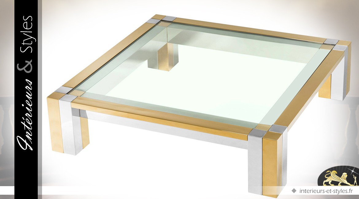 Table basse design carrée en métal brillant or et argent 120 x 120 cm