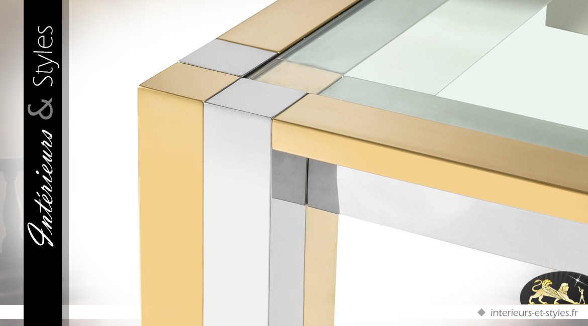 Table basse design carrée en métal brillant or et argent 120 x 120 cm