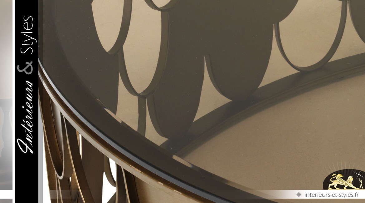 Table basse circulaire Koï en métal cuivré et verre teinté fauve Ø 110 cm