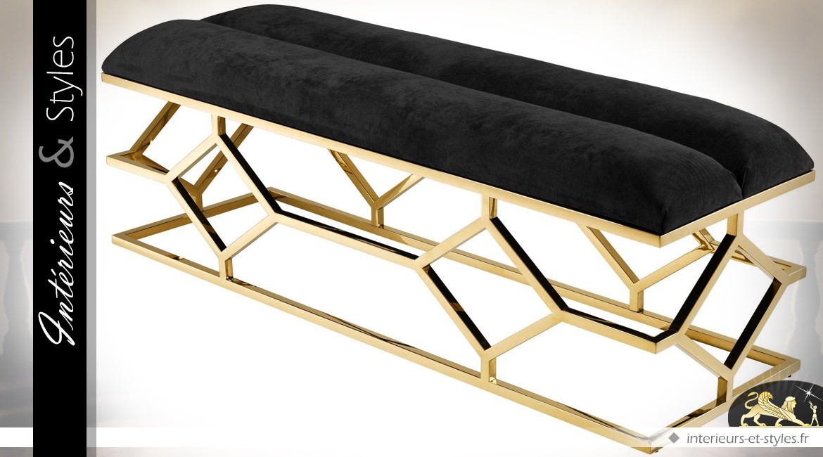 Bout de lit design Art Déco velours noir sur structure géométrique finition or 140 cm
