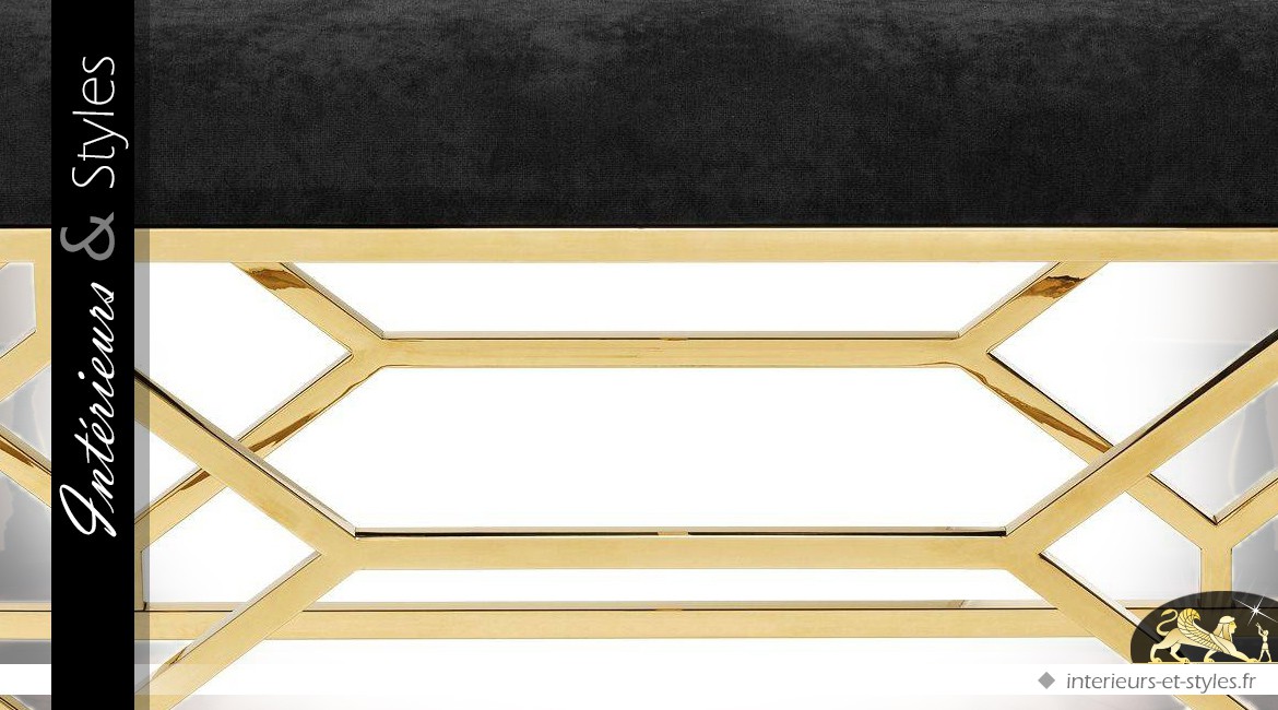 Bout de lit design Art Déco velours noir sur structure géométrique finition or 140 cm