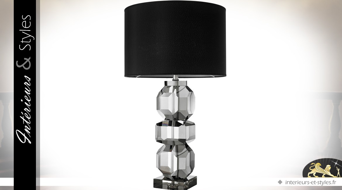 Lampe de salon en verre cristallin taillé et fumé avec abat-jour noir 76 cm