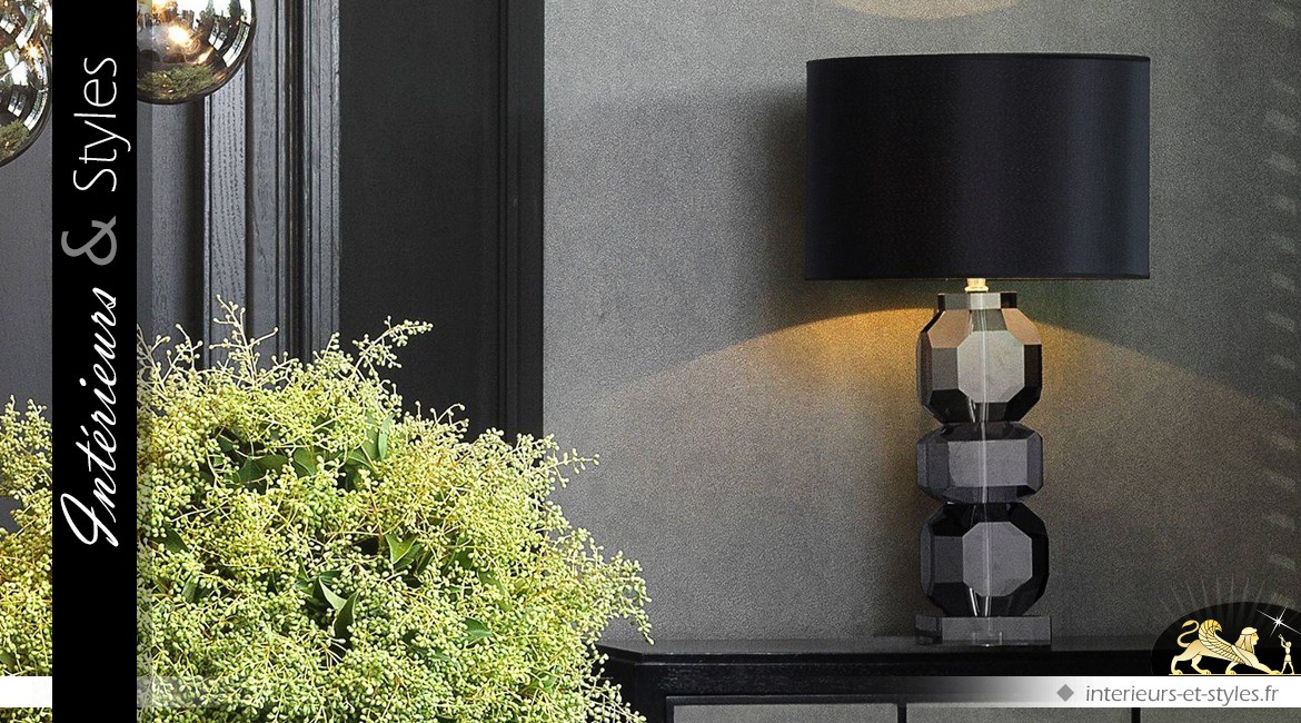 Lampe de salon en verre cristallin taillé et fumé avec abat-jour noir 76 cm