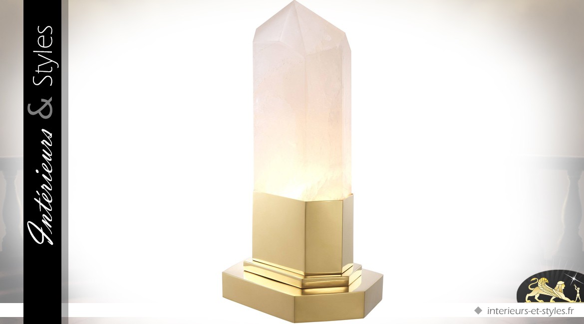 Lampe de salon en cristal de roche véritable sur socle en métal poli doré 46 cm
