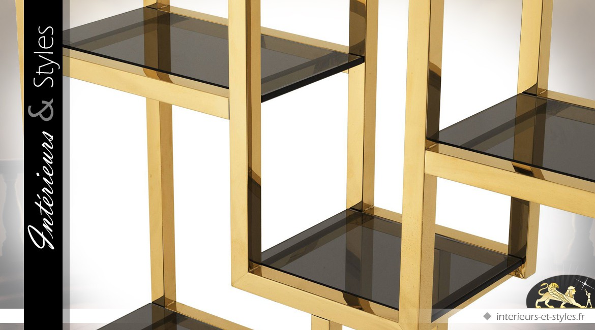 Etagère vitrine ouverte acier inox poli doré brillant motifs géométriques 240 cm