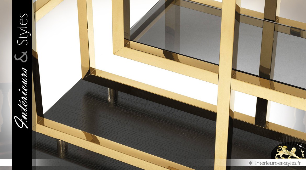 Etagère vitrine ouverte acier inox poli doré brillant motifs géométriques 240 cm