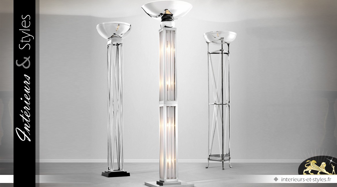 Lampadaire colonne design Art Déco métal argent et verre dépoli 192,5 cm