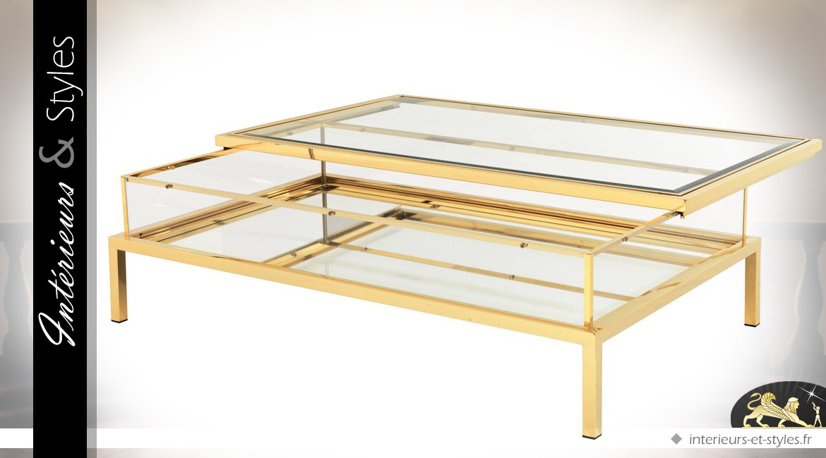 Table basse rectangulaire design doré avec vitrine et plateau coulissant 140 cm