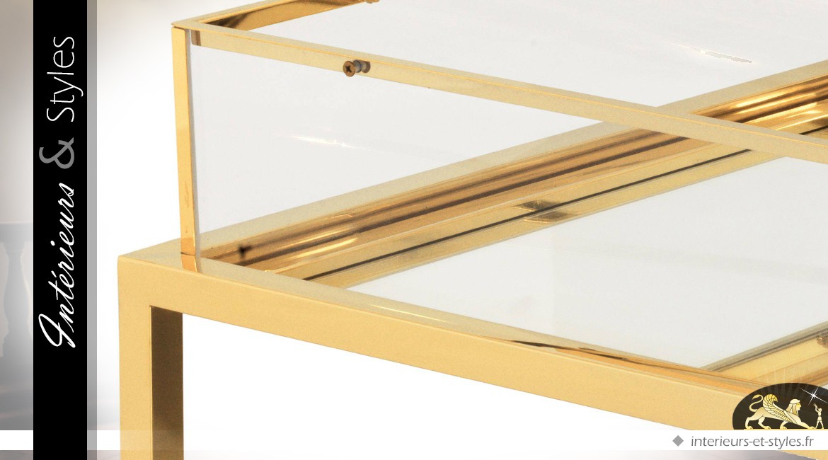 Table basse rectangulaire design doré avec vitrine et plateau coulissant 140 cm