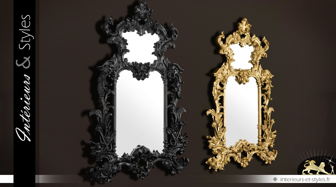 Grand miroir baroque noir à décors de feuillages sculptés en acajou 190 cm