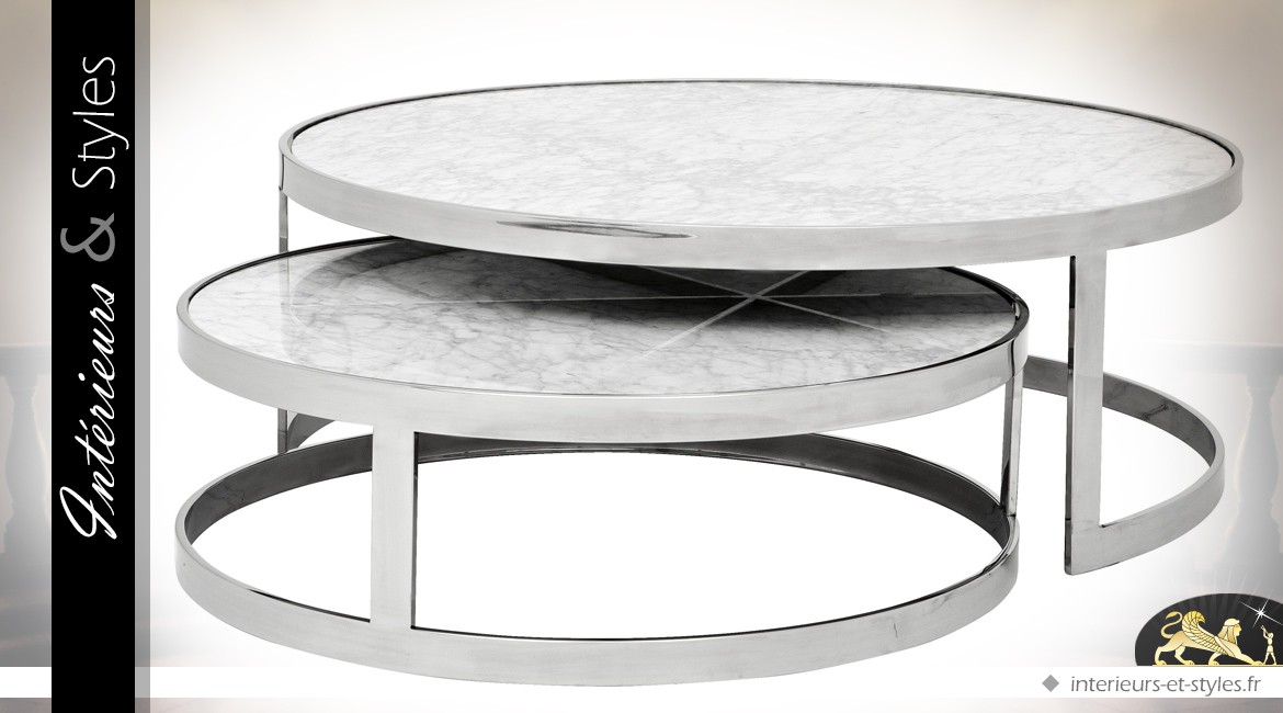 Tables basses gigognes design circulaires argent et marbre gris clair Ø 100 cm