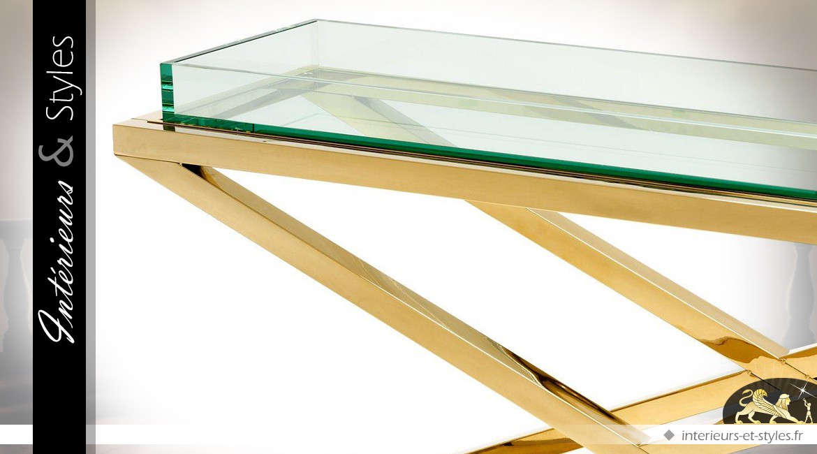 Console design finition or poli avec plateau transparent en galerie 150 cm