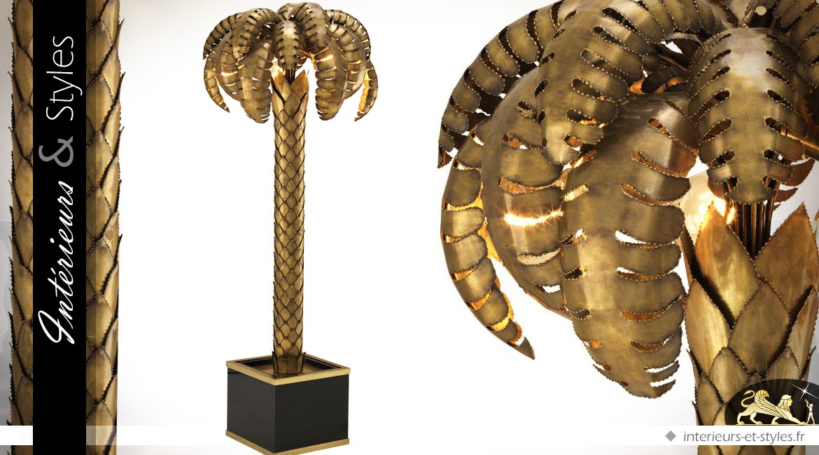 Lampadaire Art Déco en forme de grand palmier en laiton doré ancien 147 cm