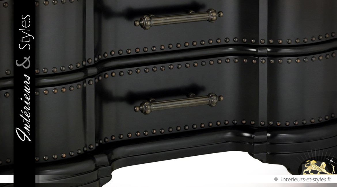 Commode arbalète noir glacé à 4 tiroirs avec ferrures en bronze antique 120 cm