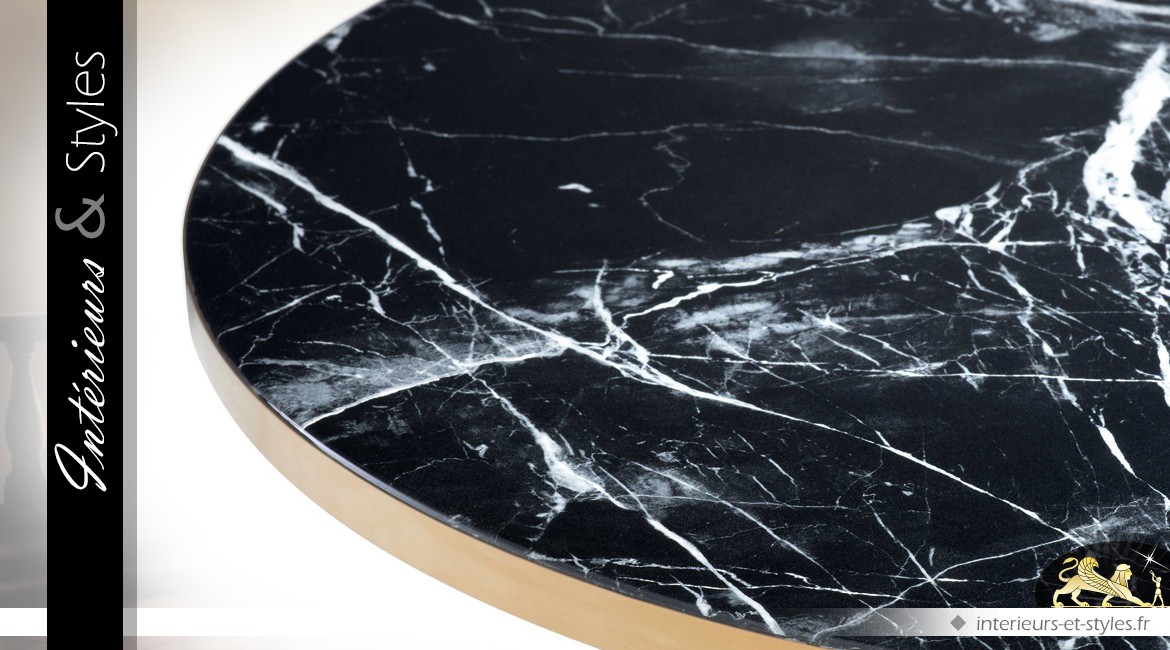 Table basse ronde noir et or avec plateau effet marmoréen Ø 90 cm