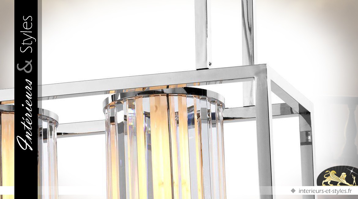 Suspension design lampe de billard à 3 lanternes finition argent poli 120 cm