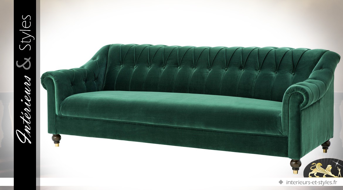 Canapé 3 places de style anglais avec tapisserie en velours vert Cameron 230 cm